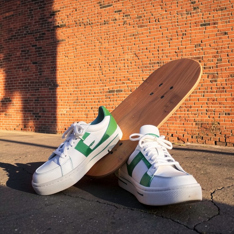 Sneakers + skateboard prop + street backdrop — result